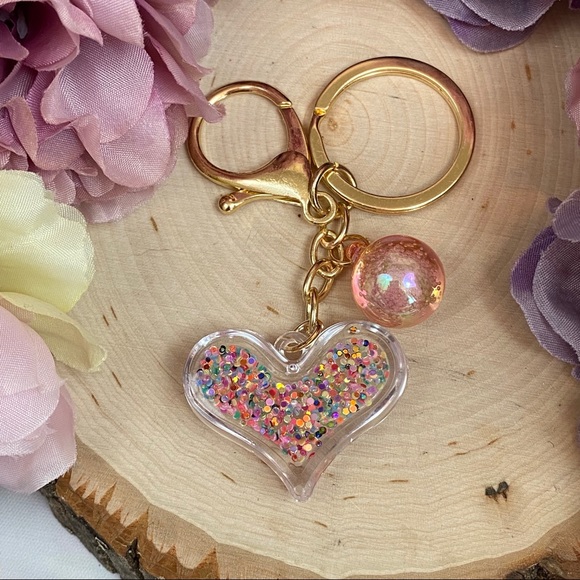Sparkly Acrylic Glitter Heart with Charm Keychain - Picture 7 of 8